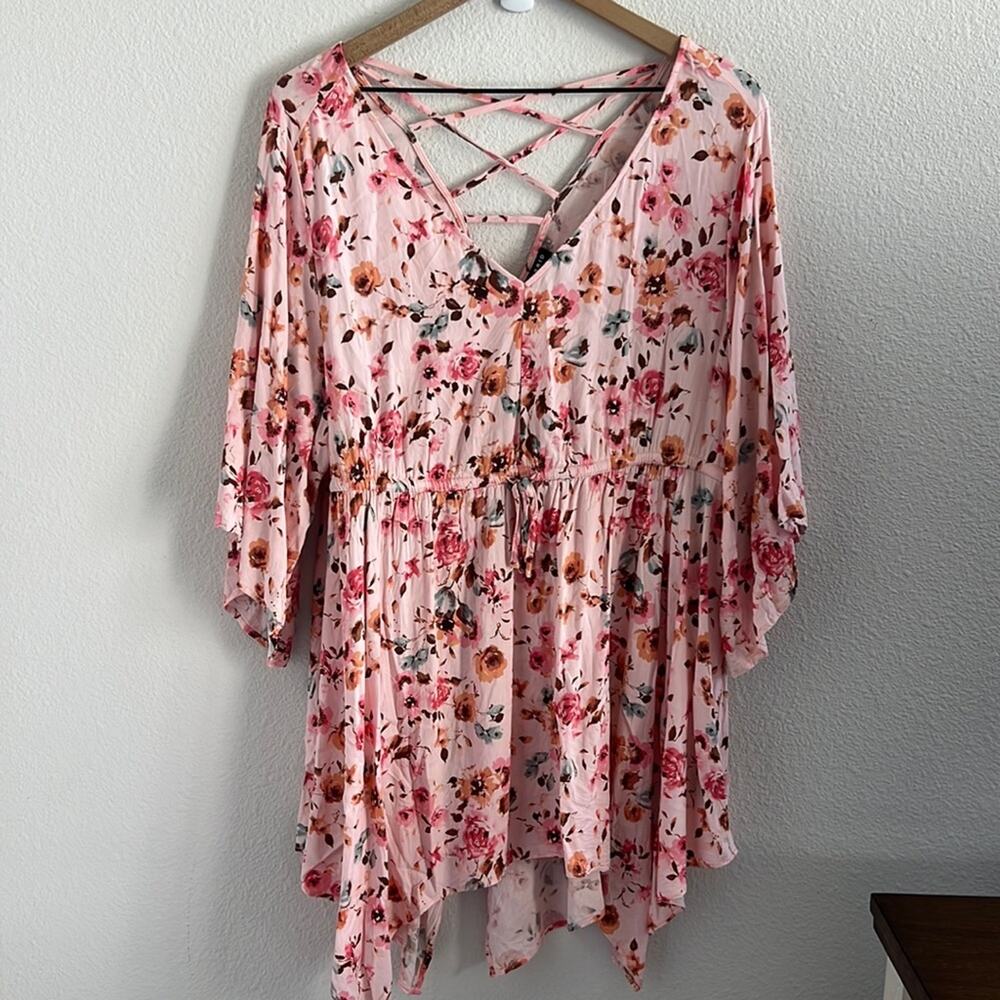Torrid Babydoll Stretch Challis Dolman Sleeve Tunic Top Floral Pink Boho 1X